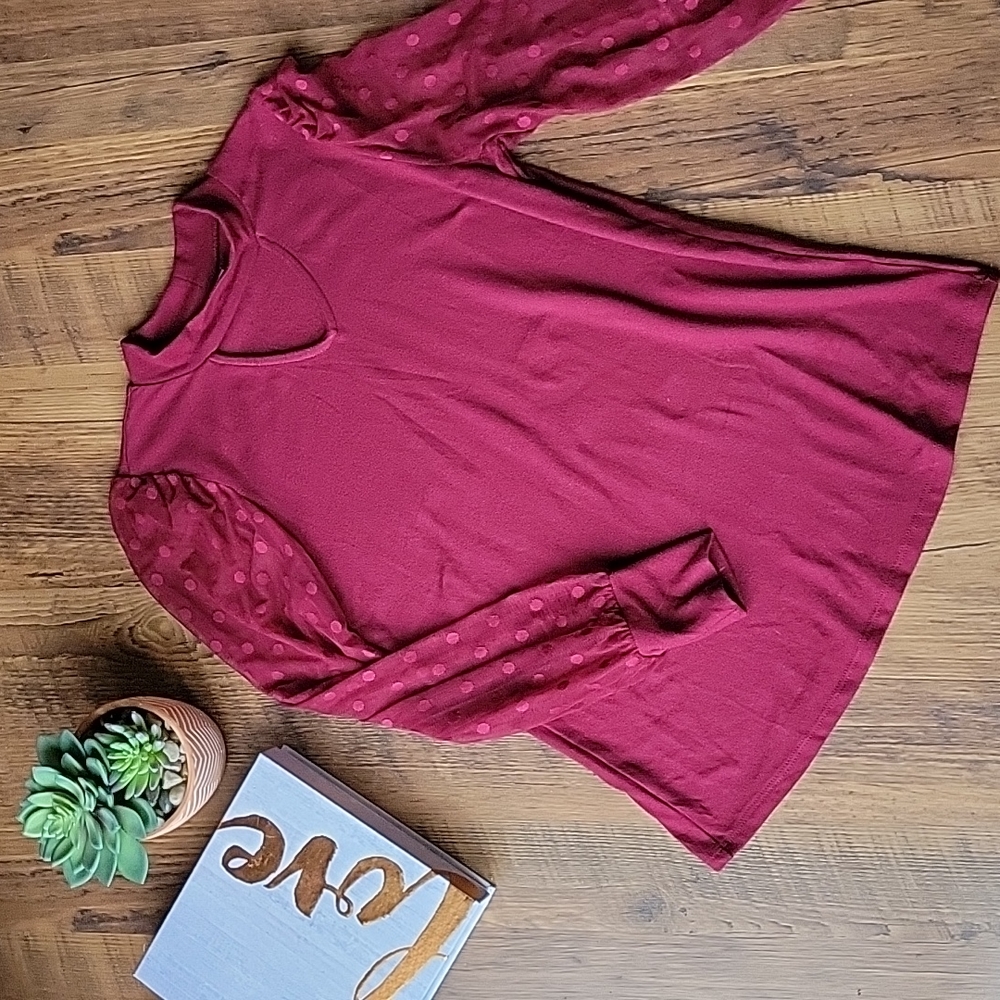 Maurices Red High Neck Cut Out Sheer Polka Dot Sleeve Top